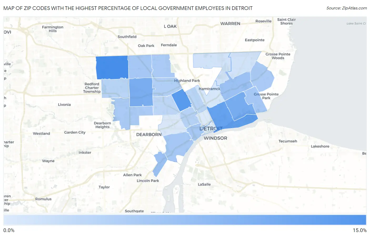Zip Codes with the Highest Percentage of Local Government Employees in Detroit Map