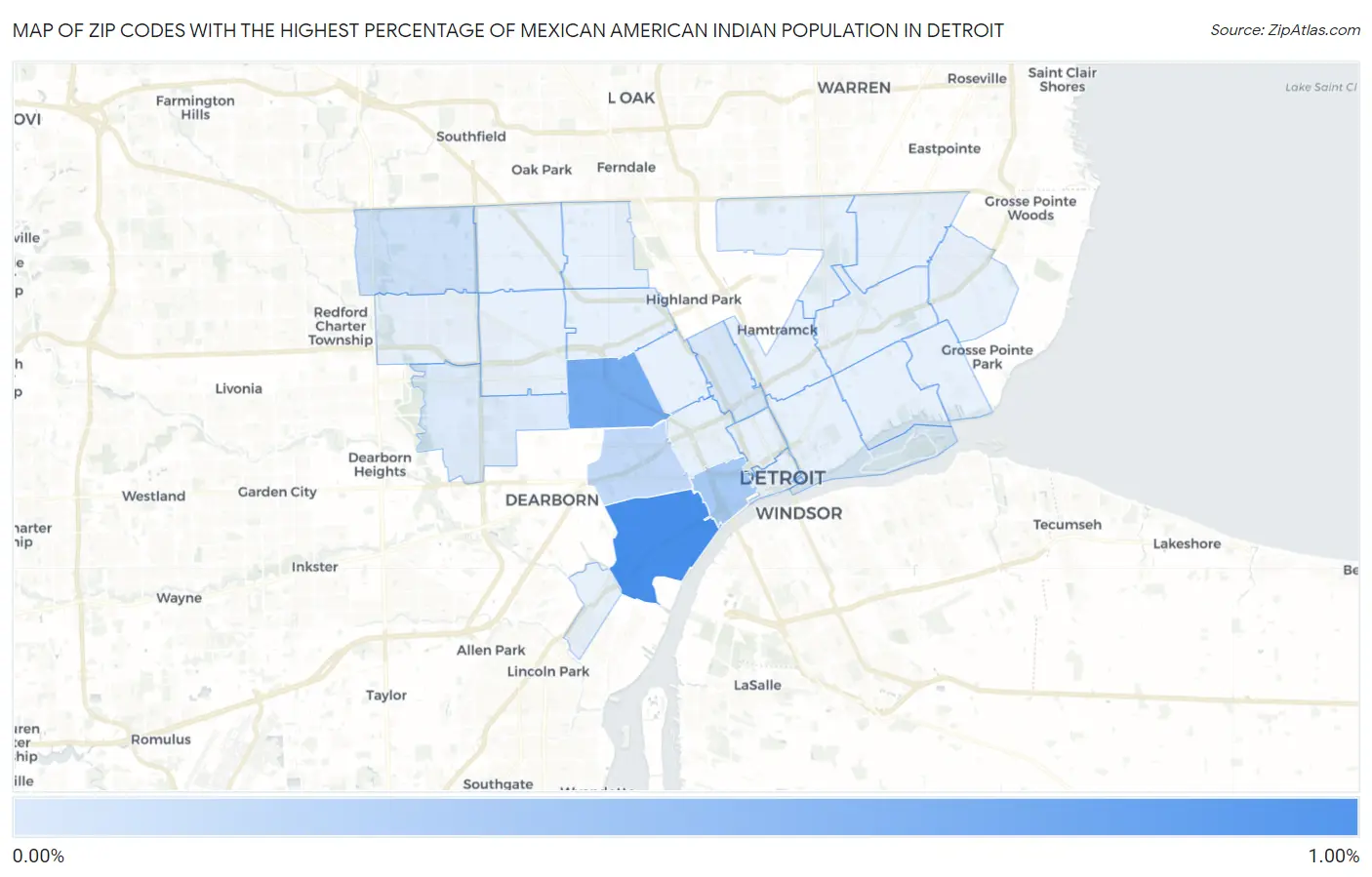 Zip Codes with the Highest Percentage of Mexican American Indian Population in Detroit Map