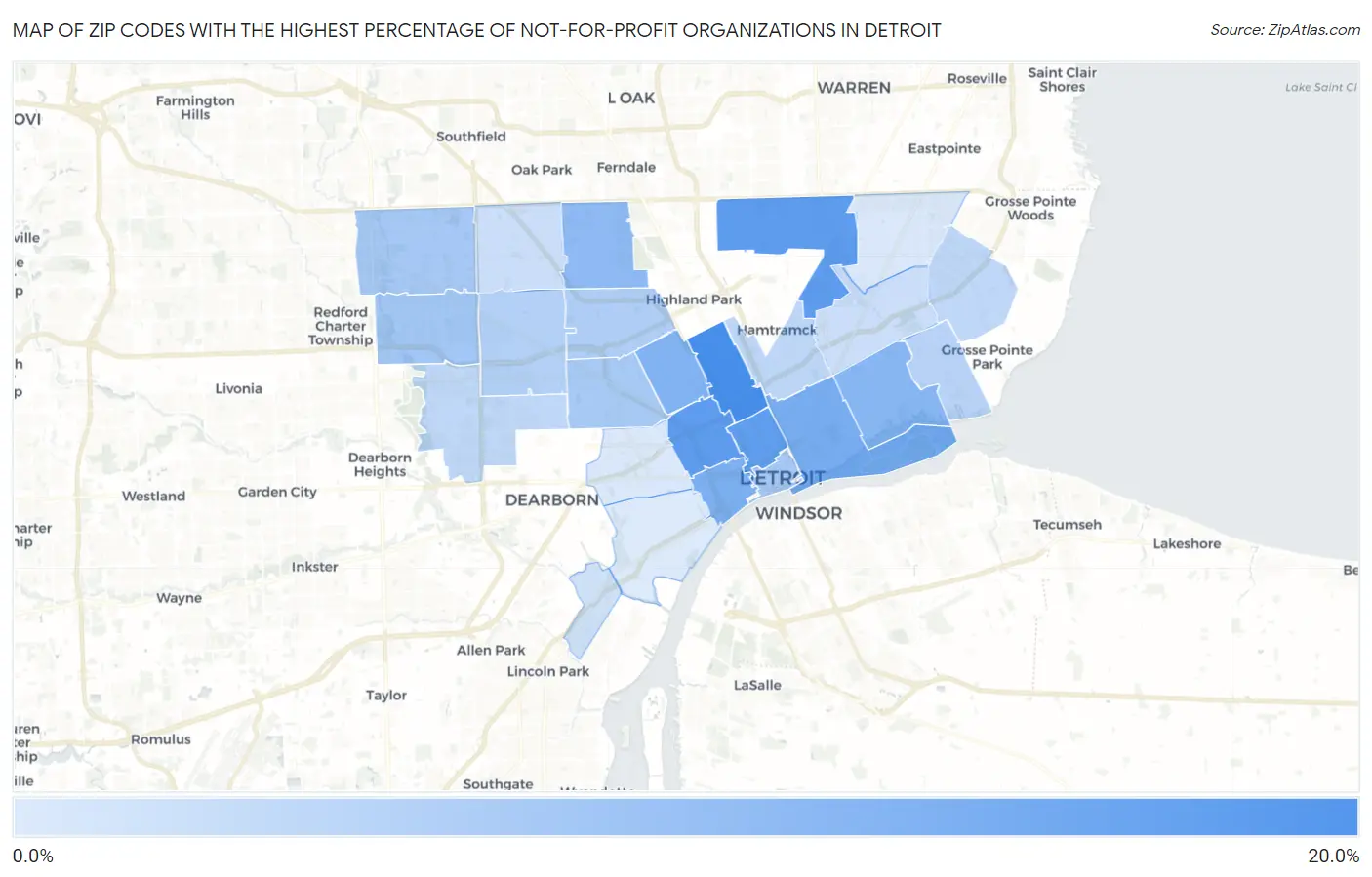 Zip Codes with the Highest Percentage of Not-for-profit Organizations in Detroit Map