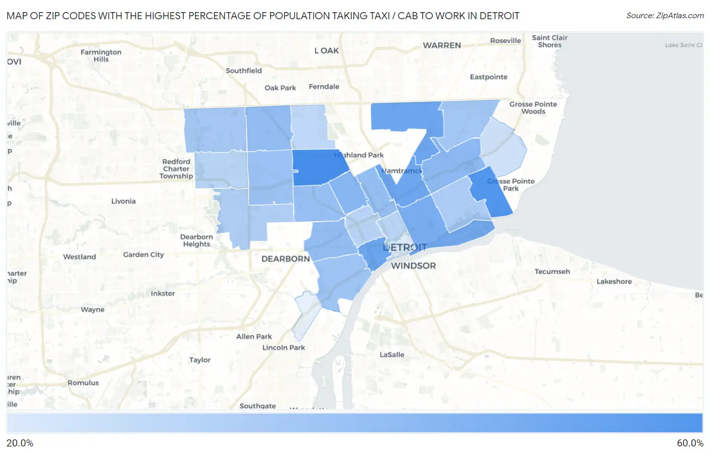 Zip Codes with the Highest Percentage of Population Taking Taxi / Cab to Work in Detroit Map