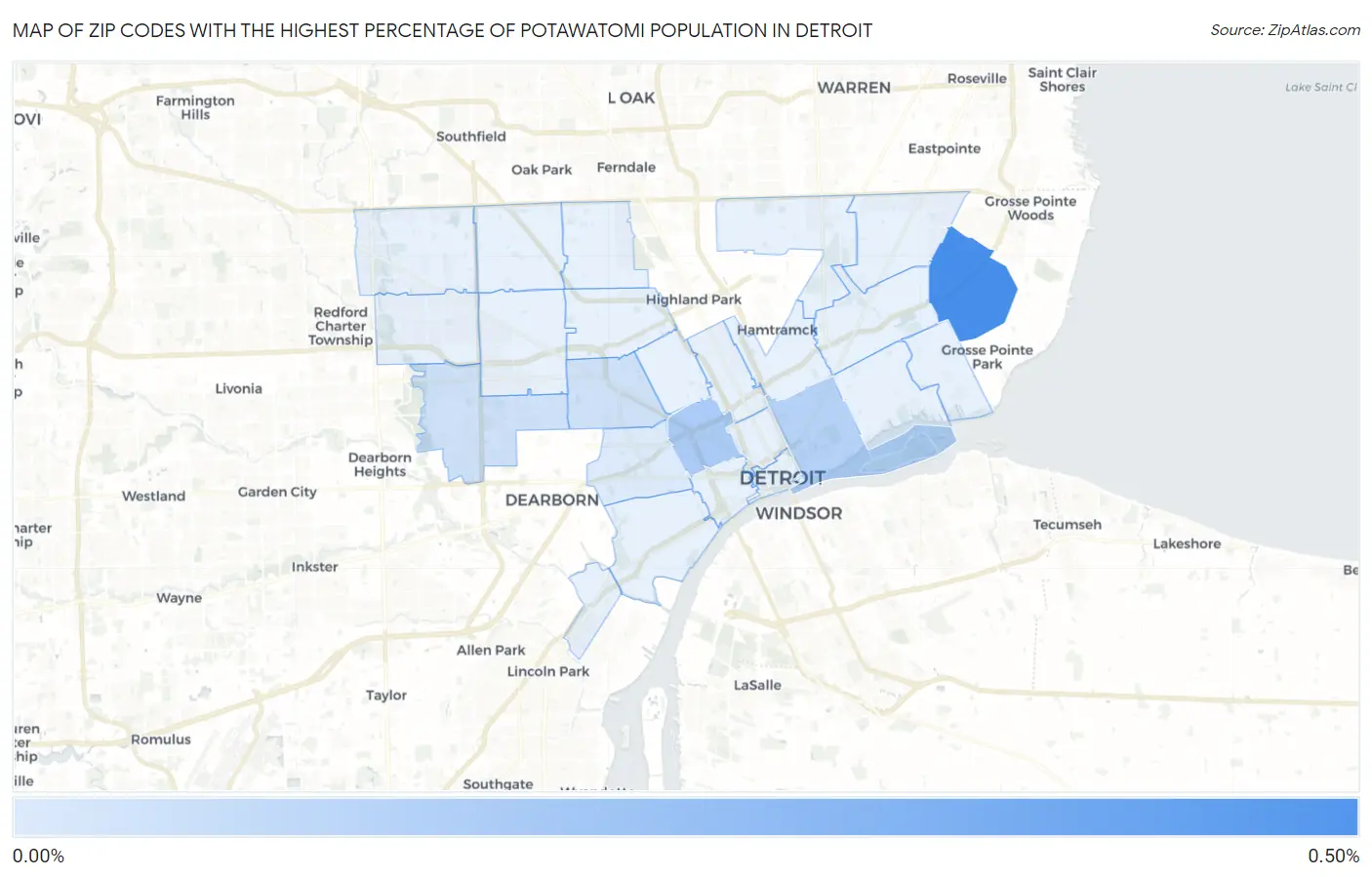 Zip Codes with the Highest Percentage of Potawatomi Population in Detroit Map