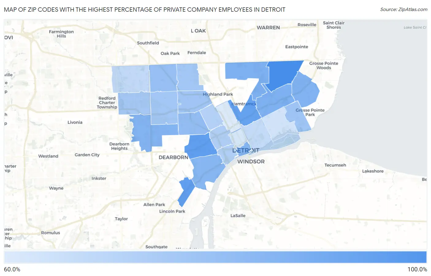 Zip Codes with the Highest Percentage of Private Company Employees in Detroit Map