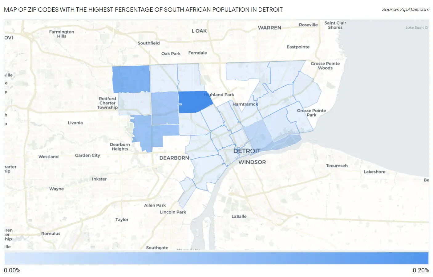 Zip Codes with the Highest Percentage of South African Population in Detroit Map