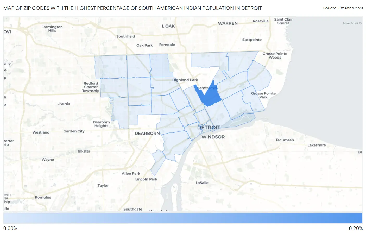 Zip Codes with the Highest Percentage of South American Indian Population in Detroit Map