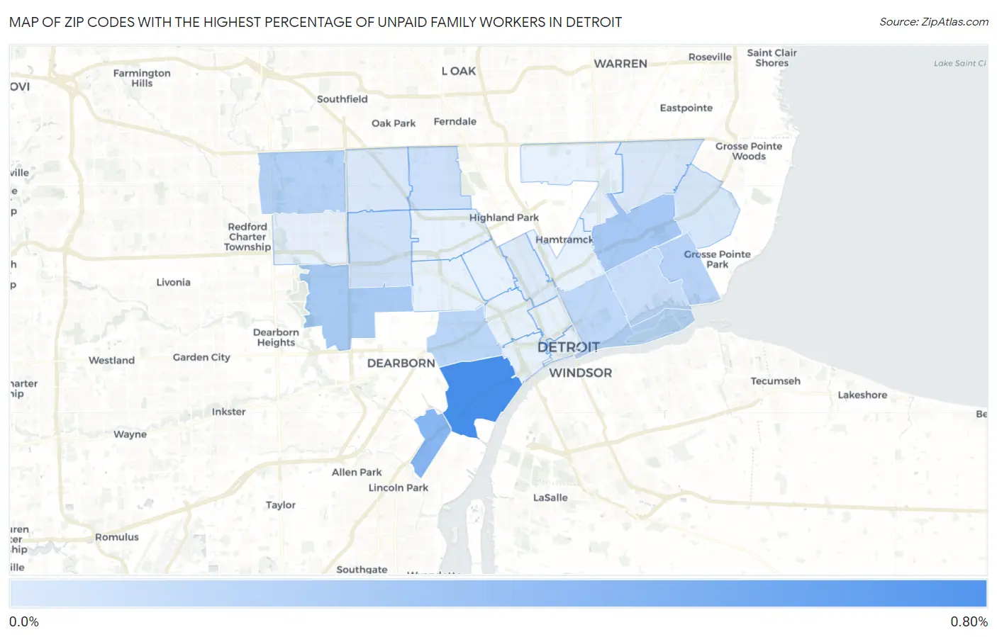 Zip Codes with the Highest Percentage of Unpaid Family Workers in Detroit Map