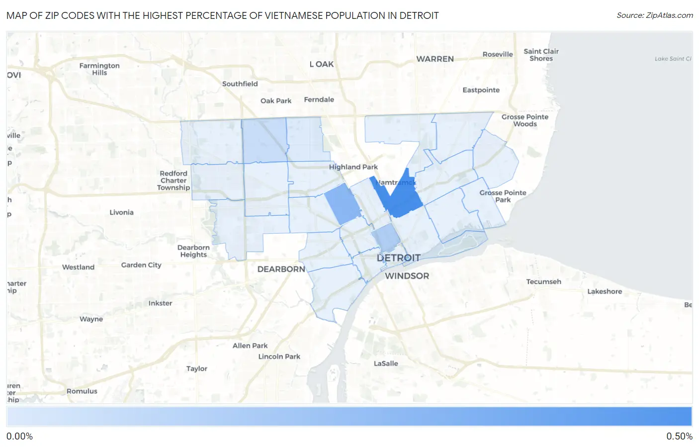 Zip Codes with the Highest Percentage of Vietnamese Population in Detroit Map