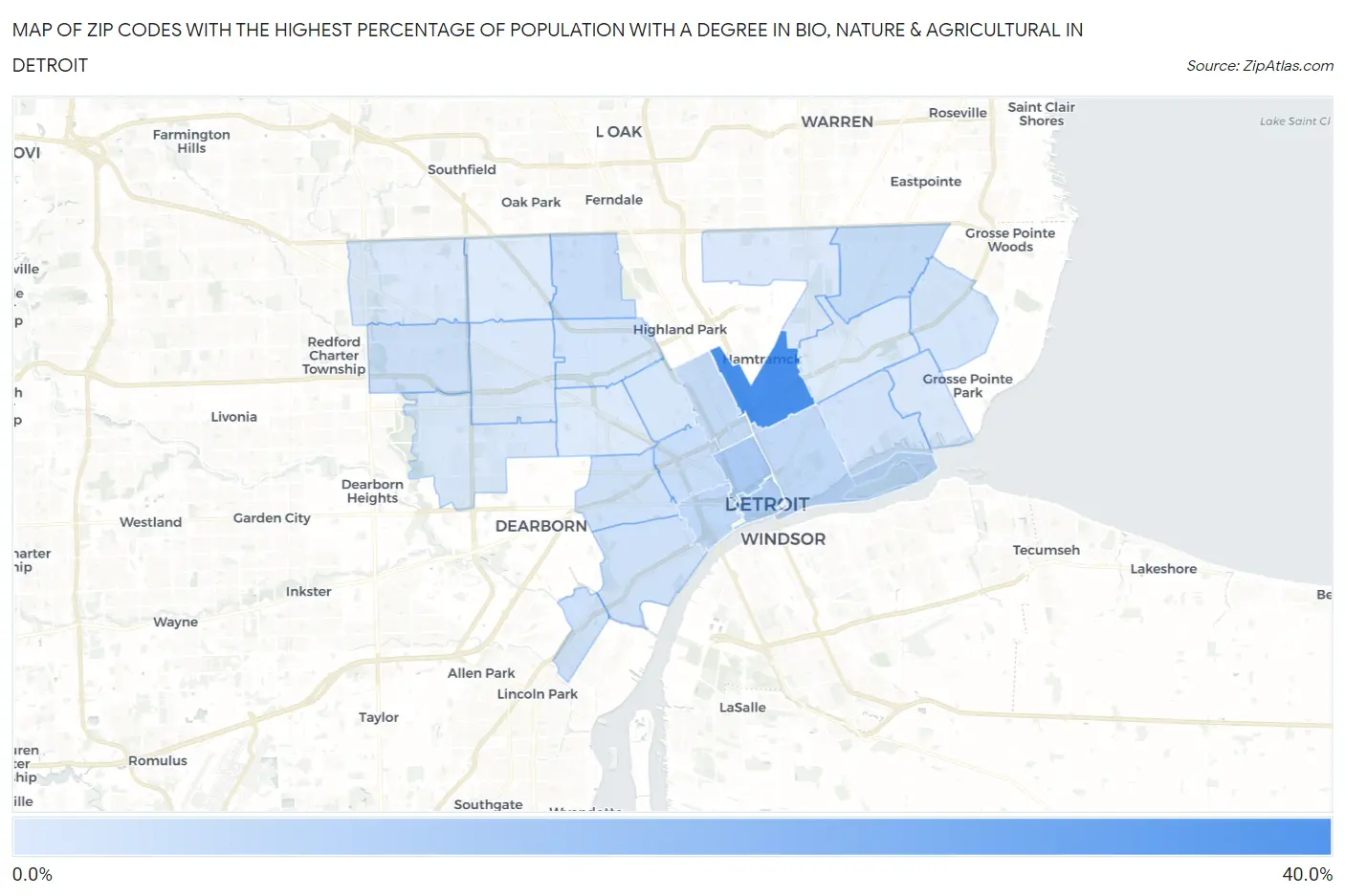 Zip Codes with the Highest Percentage of Population with a Degree in Bio, Nature & Agricultural in Detroit Map