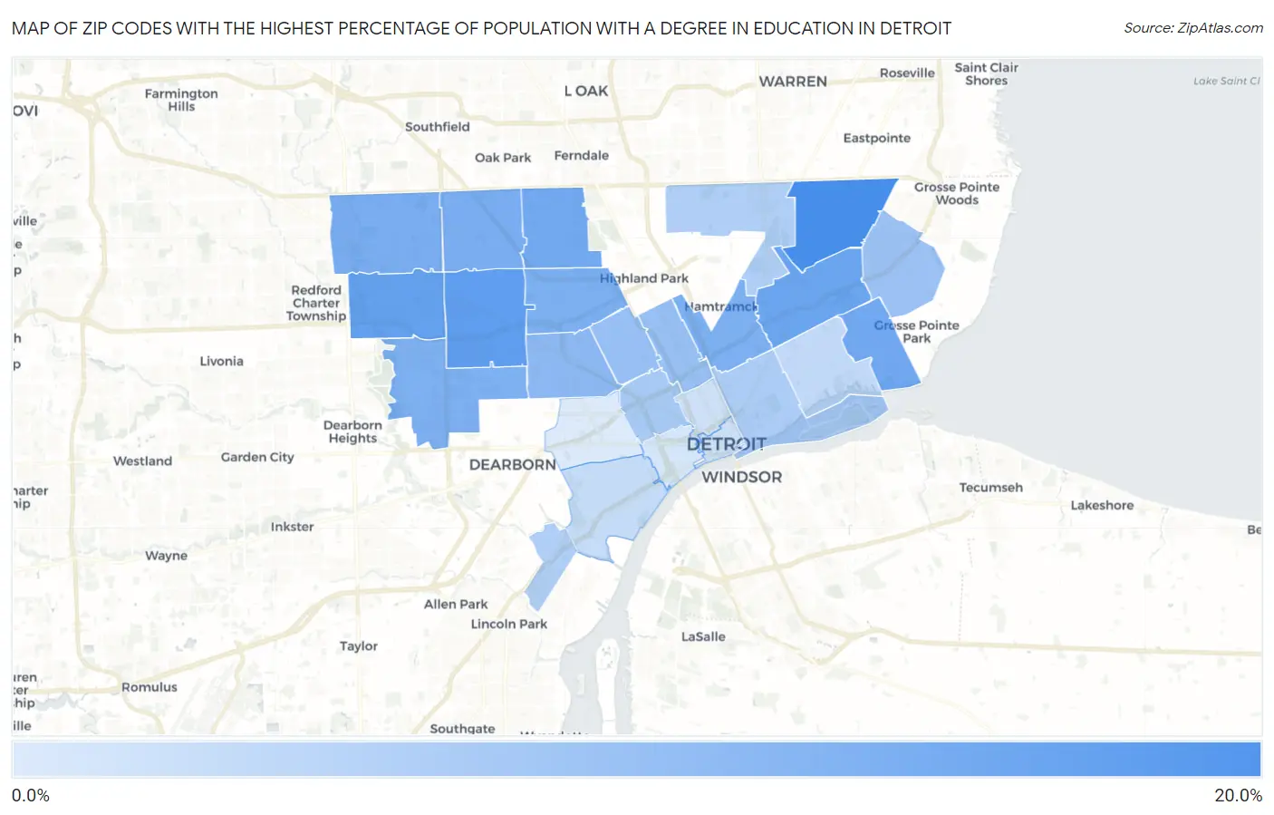 Zip Codes with the Highest Percentage of Population with a Degree in Education in Detroit Map