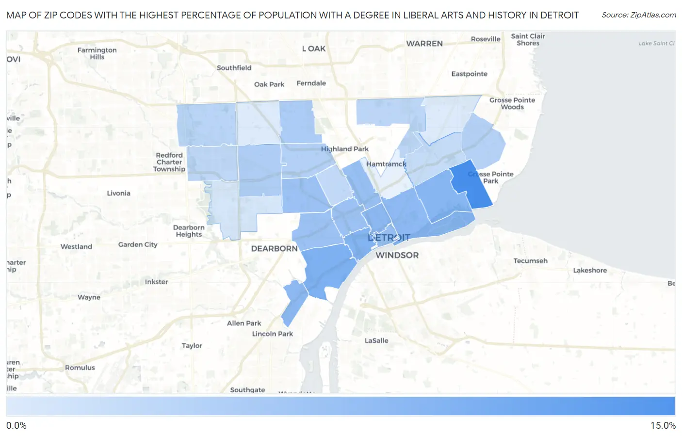 Zip Codes with the Highest Percentage of Population with a Degree in Liberal Arts and History in Detroit Map