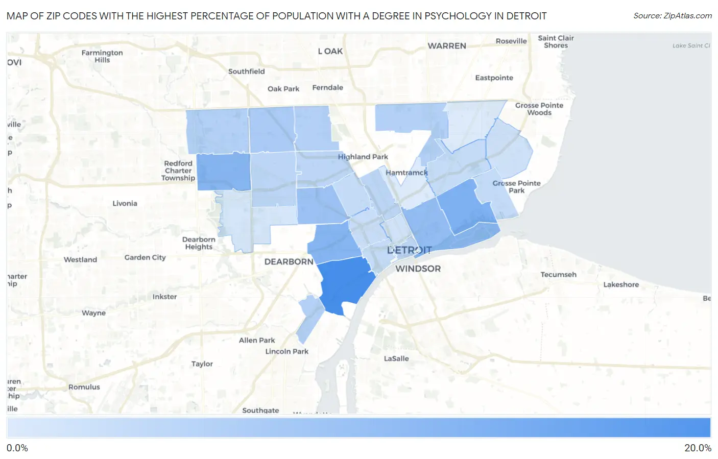 Zip Codes with the Highest Percentage of Population with a Degree in Psychology in Detroit Map