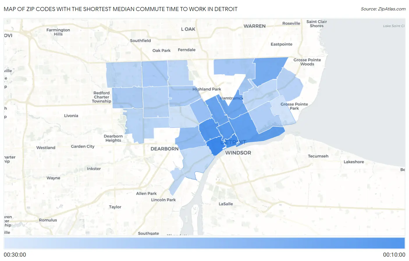 Zip Codes with the Shortest Median Commute Time to Work in Detroit Map