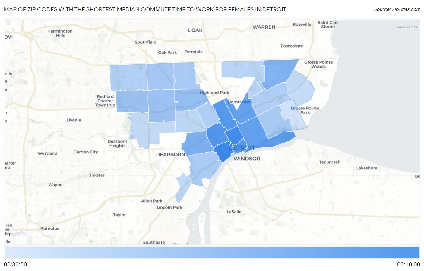Zip Codes with the Shortest Median Commute Time to Work for Females in Detroit Map