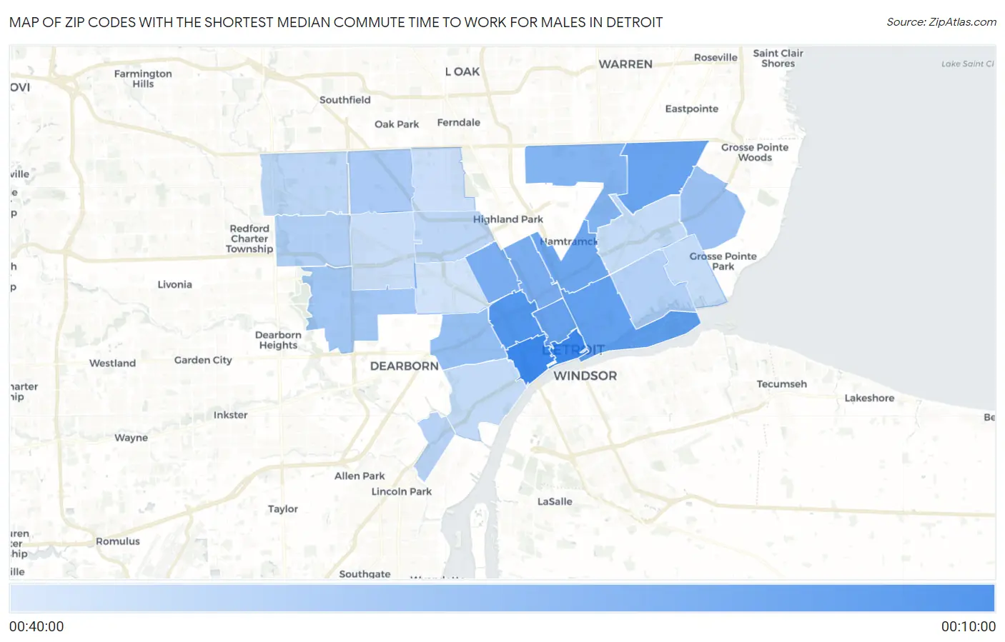 Zip Codes with the Shortest Median Commute Time to Work for Males in Detroit Map