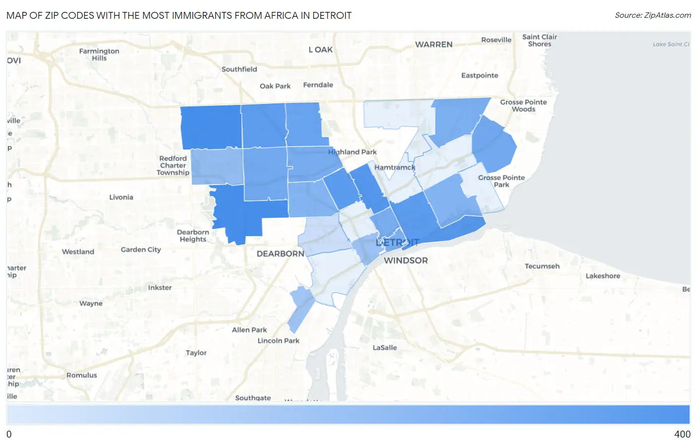 Zip Codes with the Most Immigrants from Africa in Detroit Map