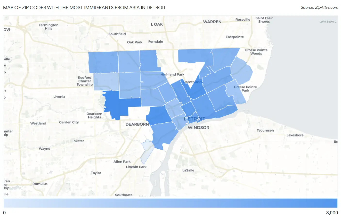 Zip Codes with the Most Immigrants from Asia in Detroit Map