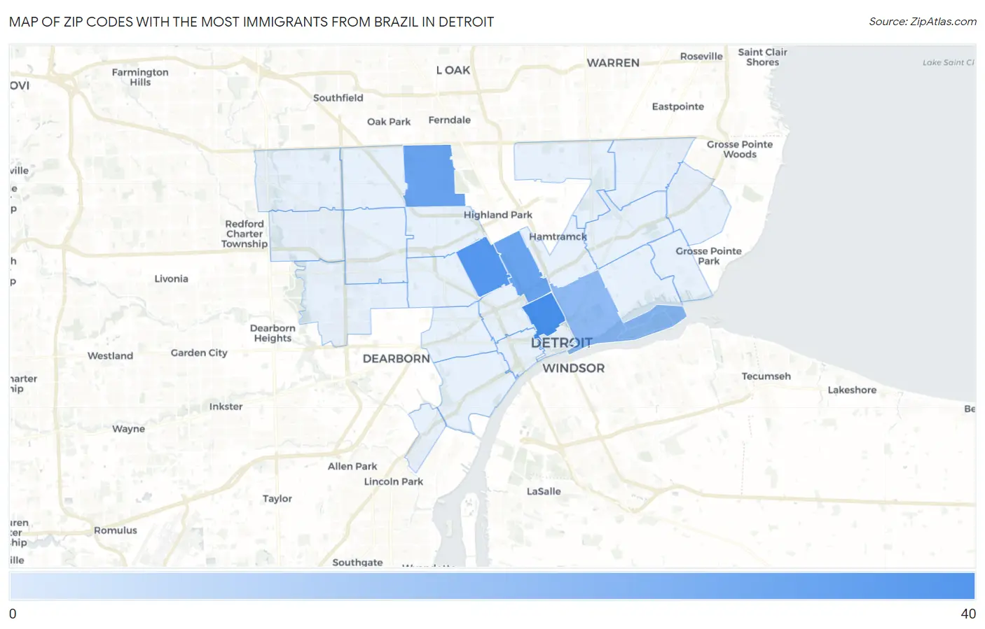 Zip Codes with the Most Immigrants from Brazil in Detroit Map