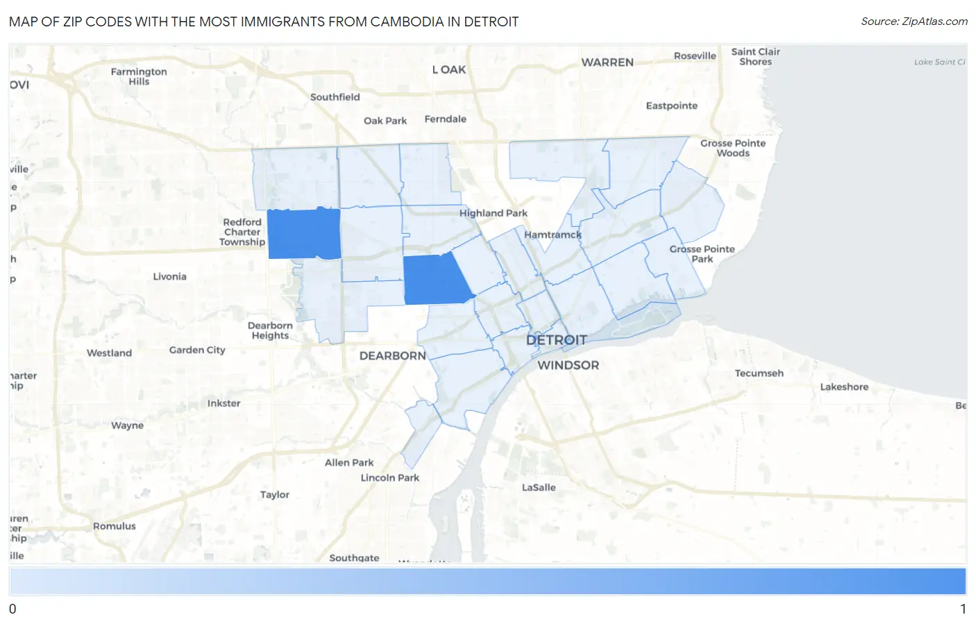 Zip Codes with the Most Immigrants from Cambodia in Detroit Map