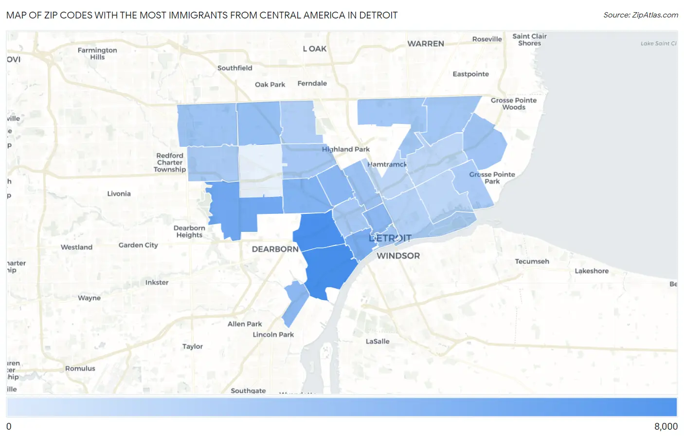 Zip Codes with the Most Immigrants from Central America in Detroit Map