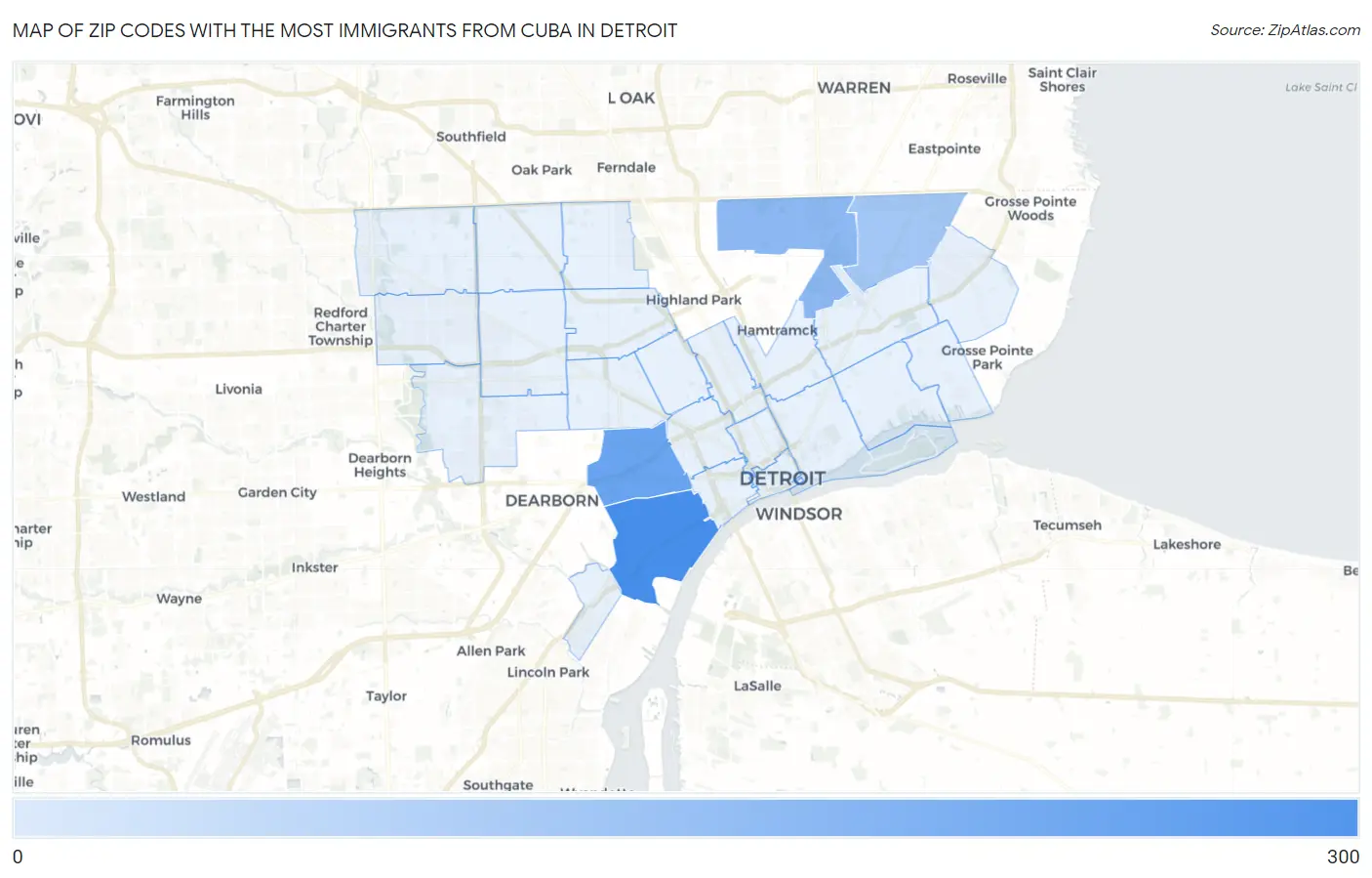 Zip Codes with the Most Immigrants from Cuba in Detroit Map