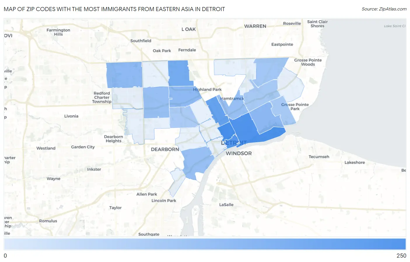 Zip Codes with the Most Immigrants from Eastern Asia in Detroit Map