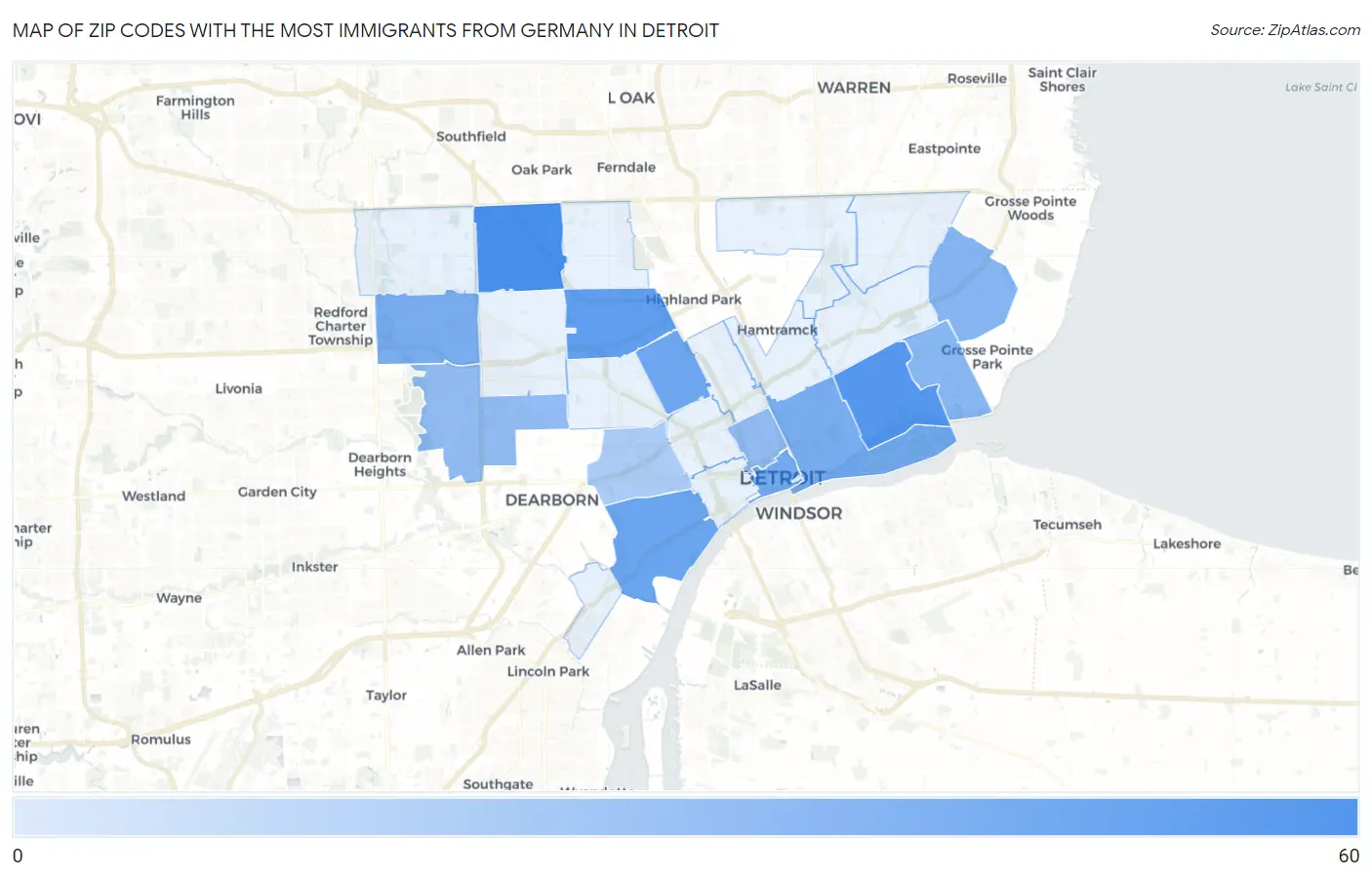 Zip Codes with the Most Immigrants from Germany in Detroit Map