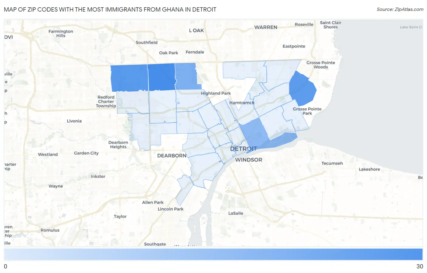 Zip Codes with the Most Immigrants from Ghana in Detroit Map