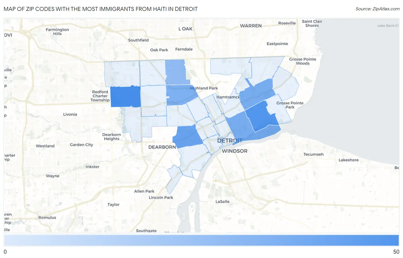 Zip Codes with the Most Immigrants from Haiti in Detroit Map