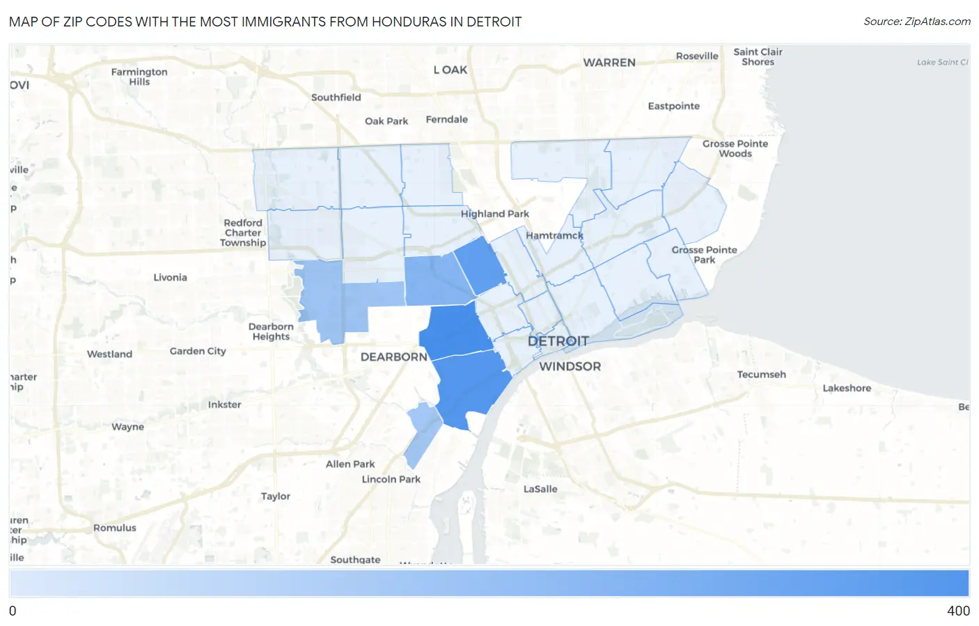 Zip Codes with the Most Immigrants from Honduras in Detroit Map