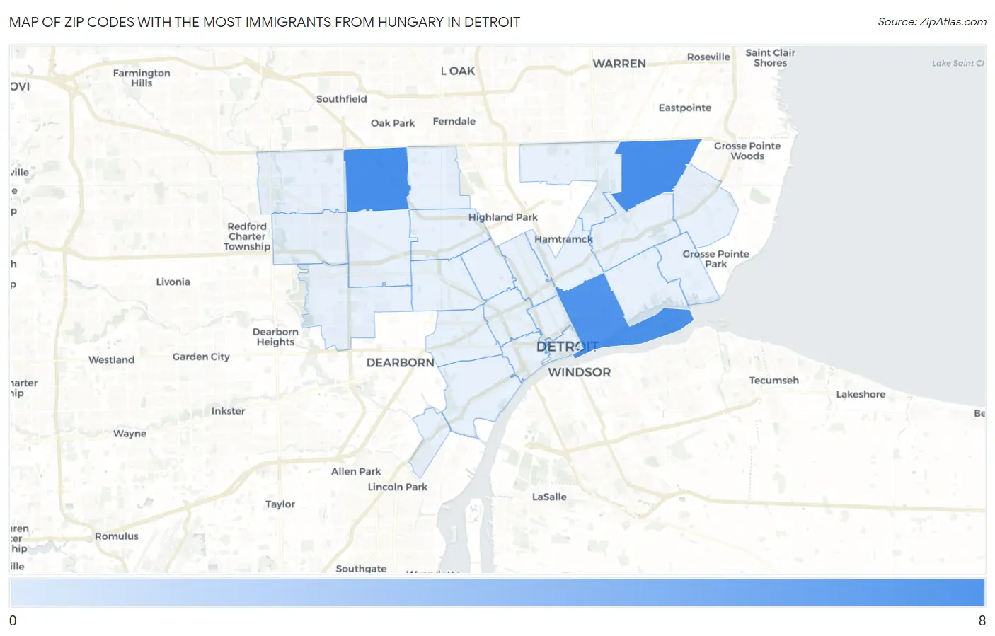 Zip Codes with the Most Immigrants from Hungary in Detroit Map