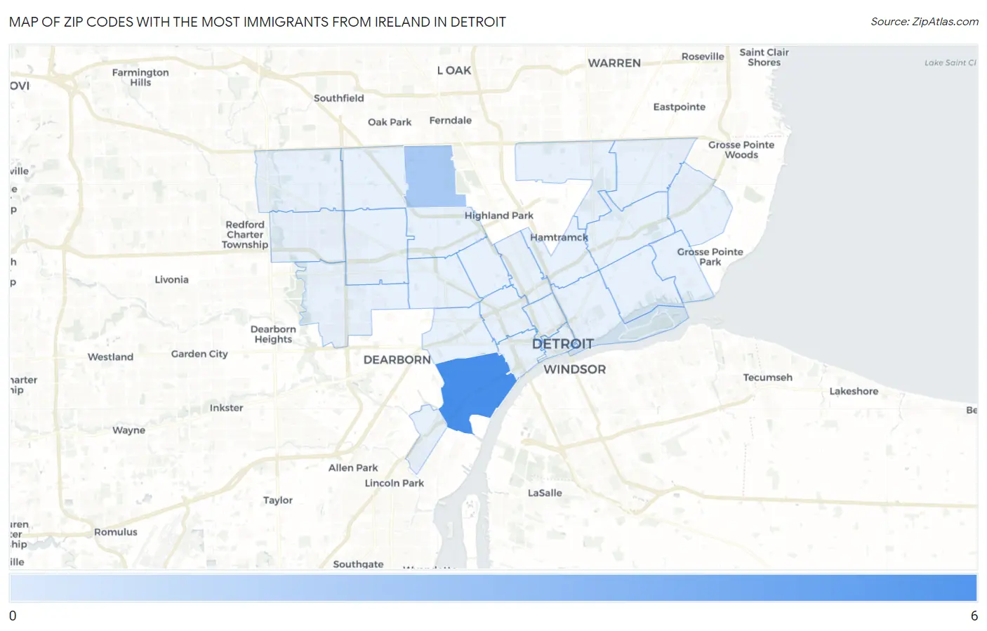 Zip Codes with the Most Immigrants from Ireland in Detroit Map
