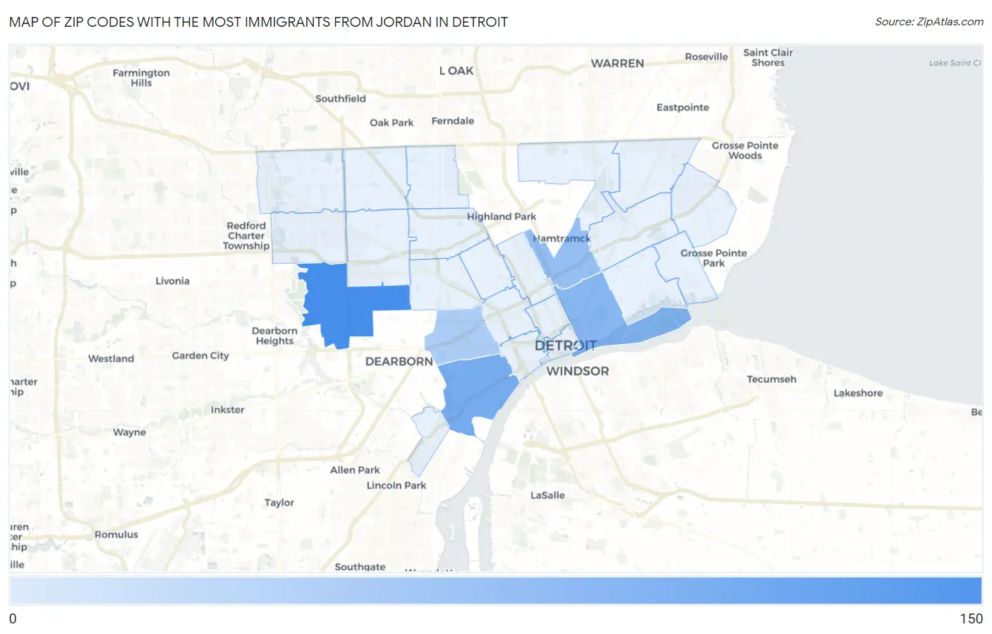 Zip Codes with the Most Immigrants from Jordan in Detroit Map