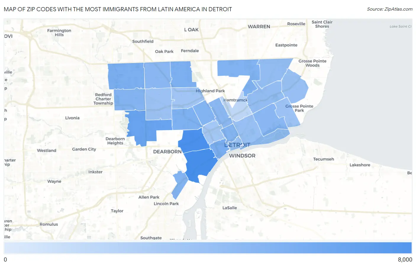 Zip Codes with the Most Immigrants from Latin America in Detroit Map