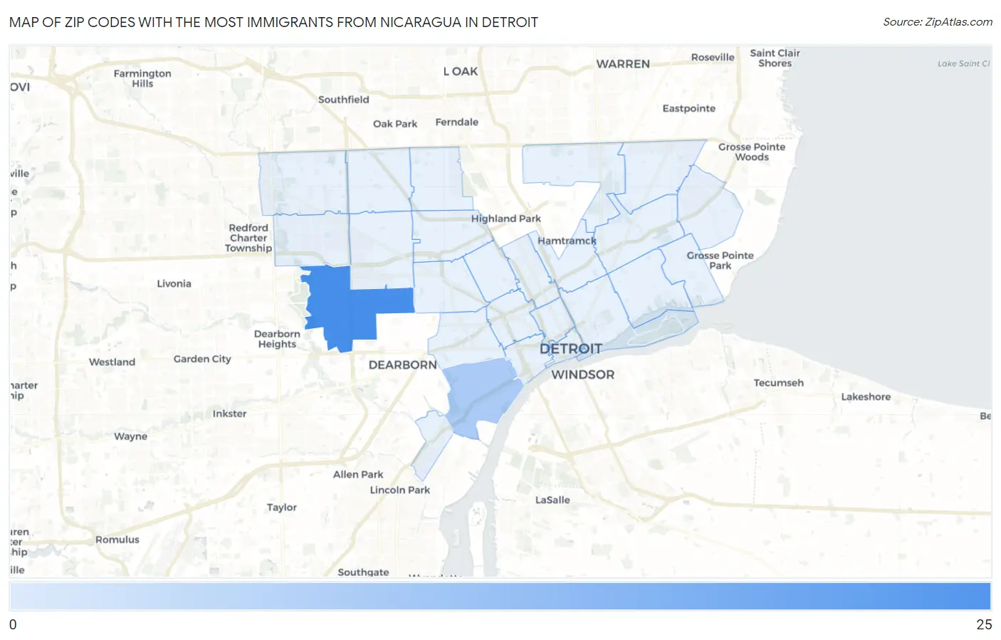 Zip Codes with the Most Immigrants from Nicaragua in Detroit Map
