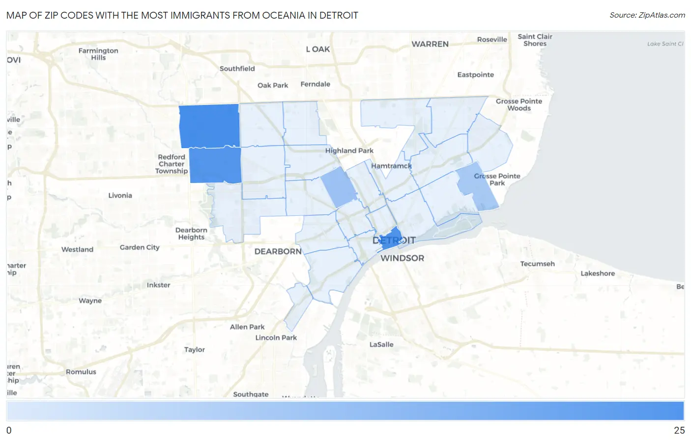 Zip Codes with the Most Immigrants from Oceania in Detroit Map