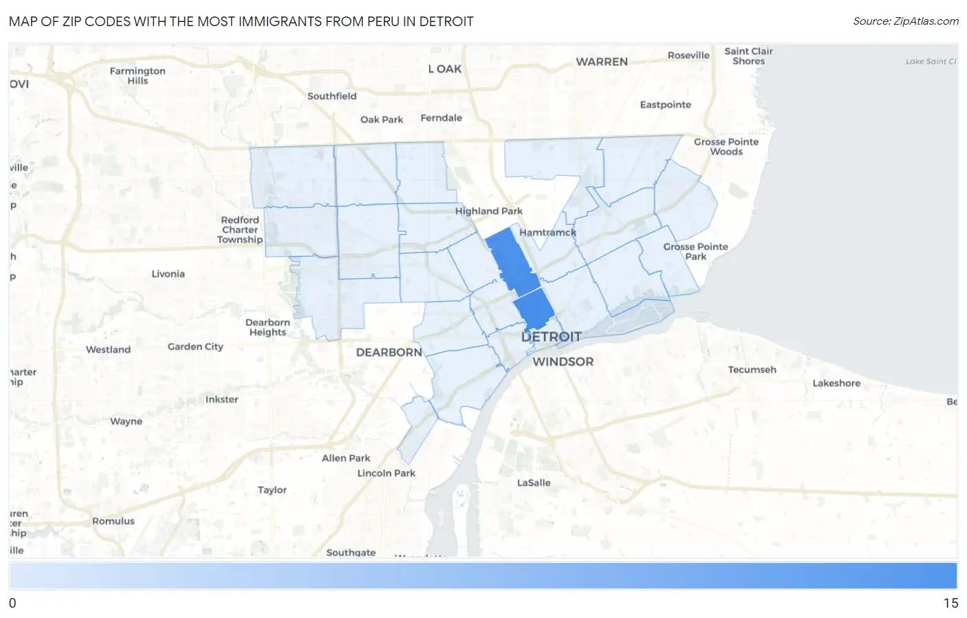 Zip Codes with the Most Immigrants from Peru in Detroit Map