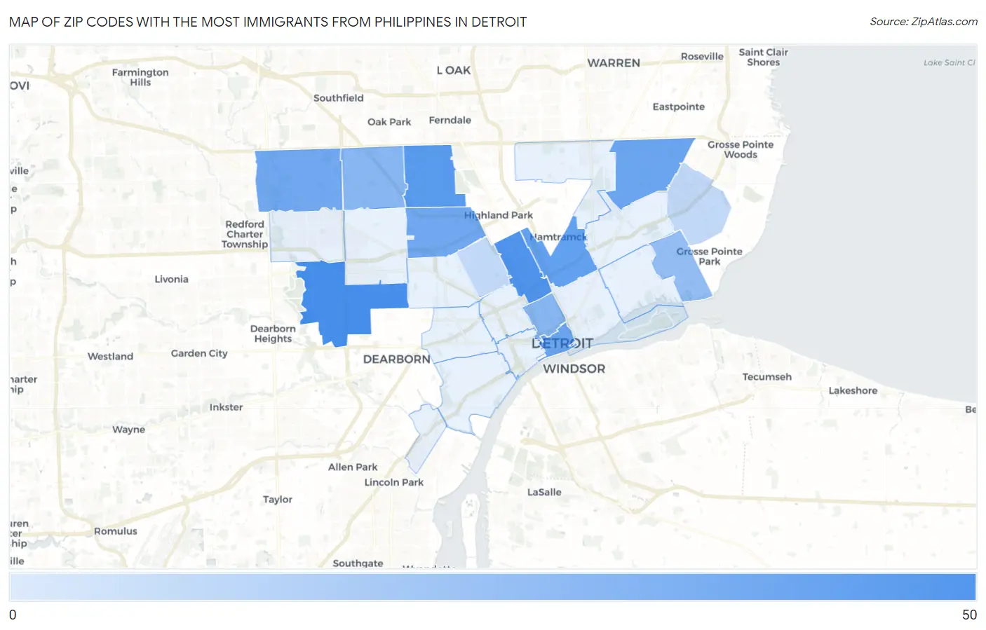 Zip Codes with the Most Immigrants from Philippines in Detroit Map