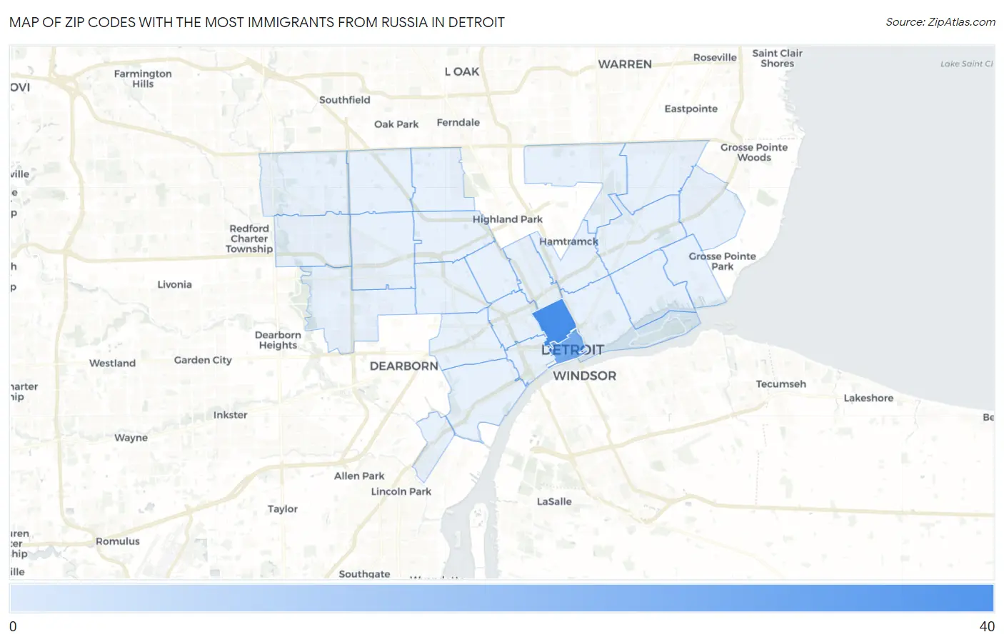 Zip Codes with the Most Immigrants from Russia in Detroit Map