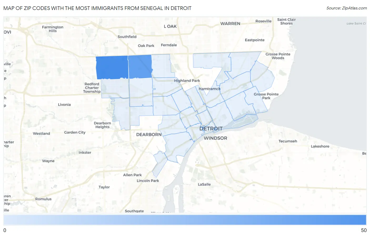 Zip Codes with the Most Immigrants from Senegal in Detroit Map