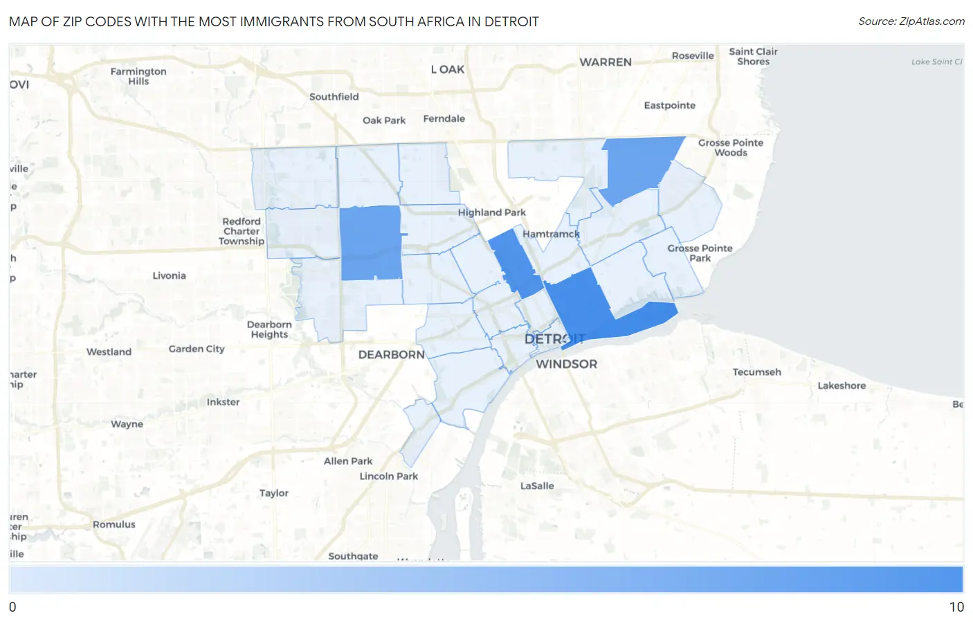 Zip Codes with the Most Immigrants from South Africa in Detroit Map
