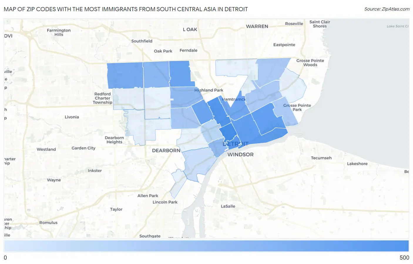 Zip Codes with the Most Immigrants from South Central Asia in Detroit Map