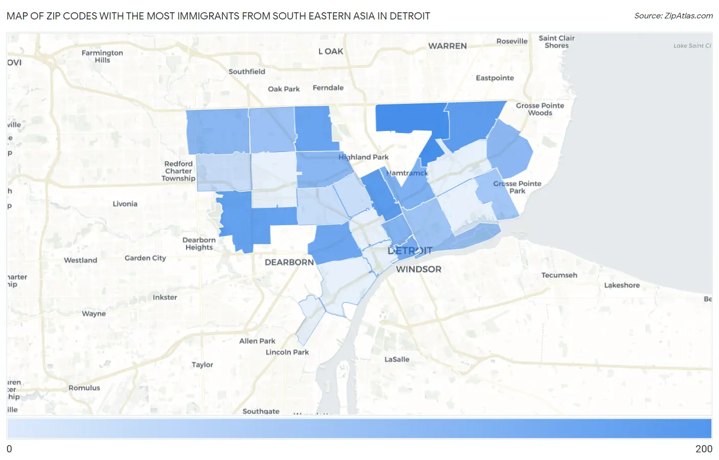 Zip Codes with the Most Immigrants from South Eastern Asia in Detroit Map