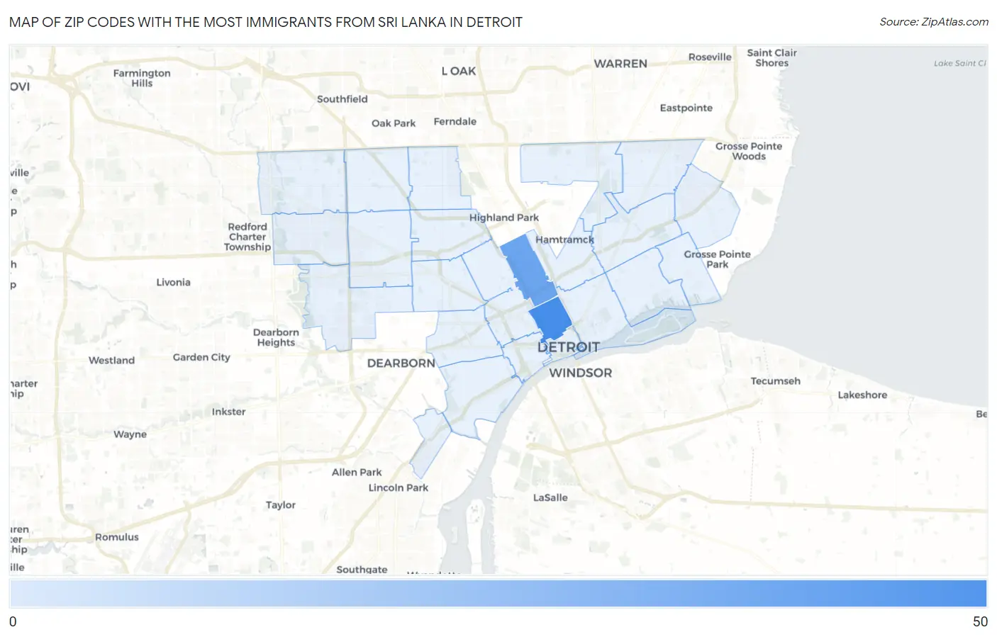 Zip Codes with the Most Immigrants from Sri Lanka in Detroit Map