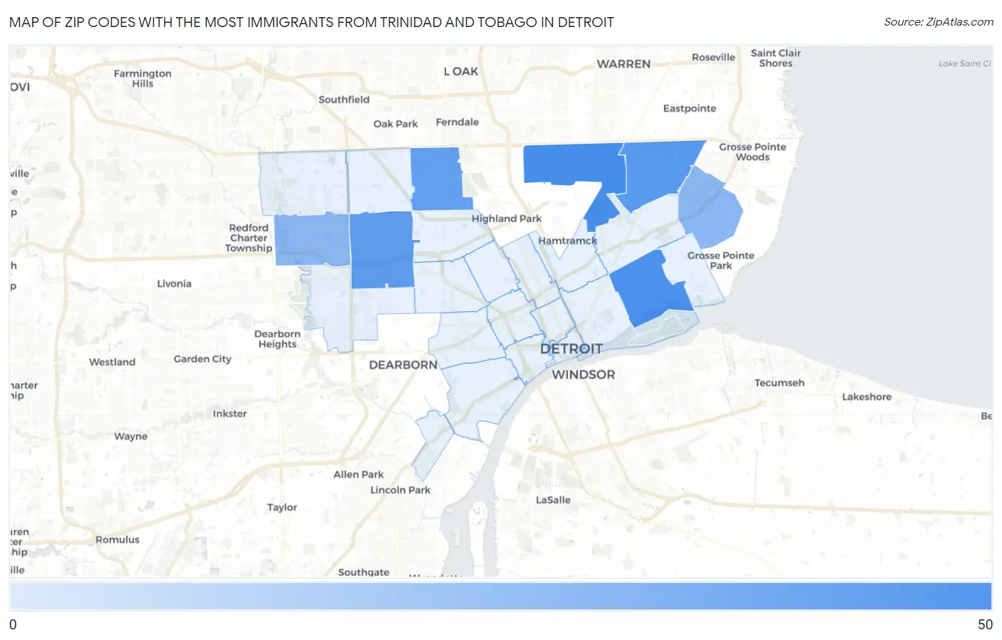 Zip Codes with the Most Immigrants from Trinidad and Tobago in Detroit Map
