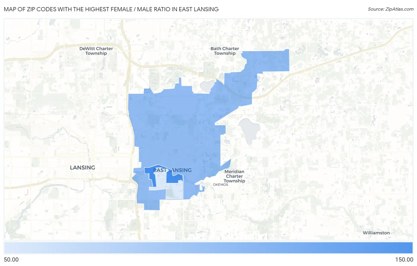 Zip Codes with the Highest Female / Male Ratio in East Lansing Map