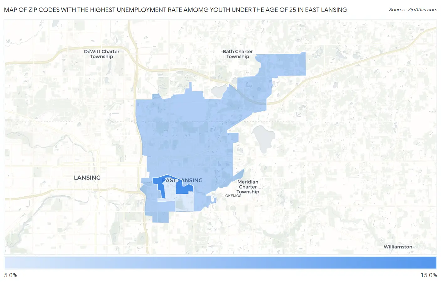 Zip Codes with the Highest Unemployment Rate Amomg Youth Under the Age of 25 in East Lansing Map
