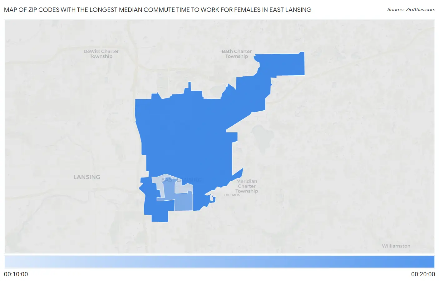 Zip Codes with the Longest Median Commute Time to Work for Females in East Lansing Map