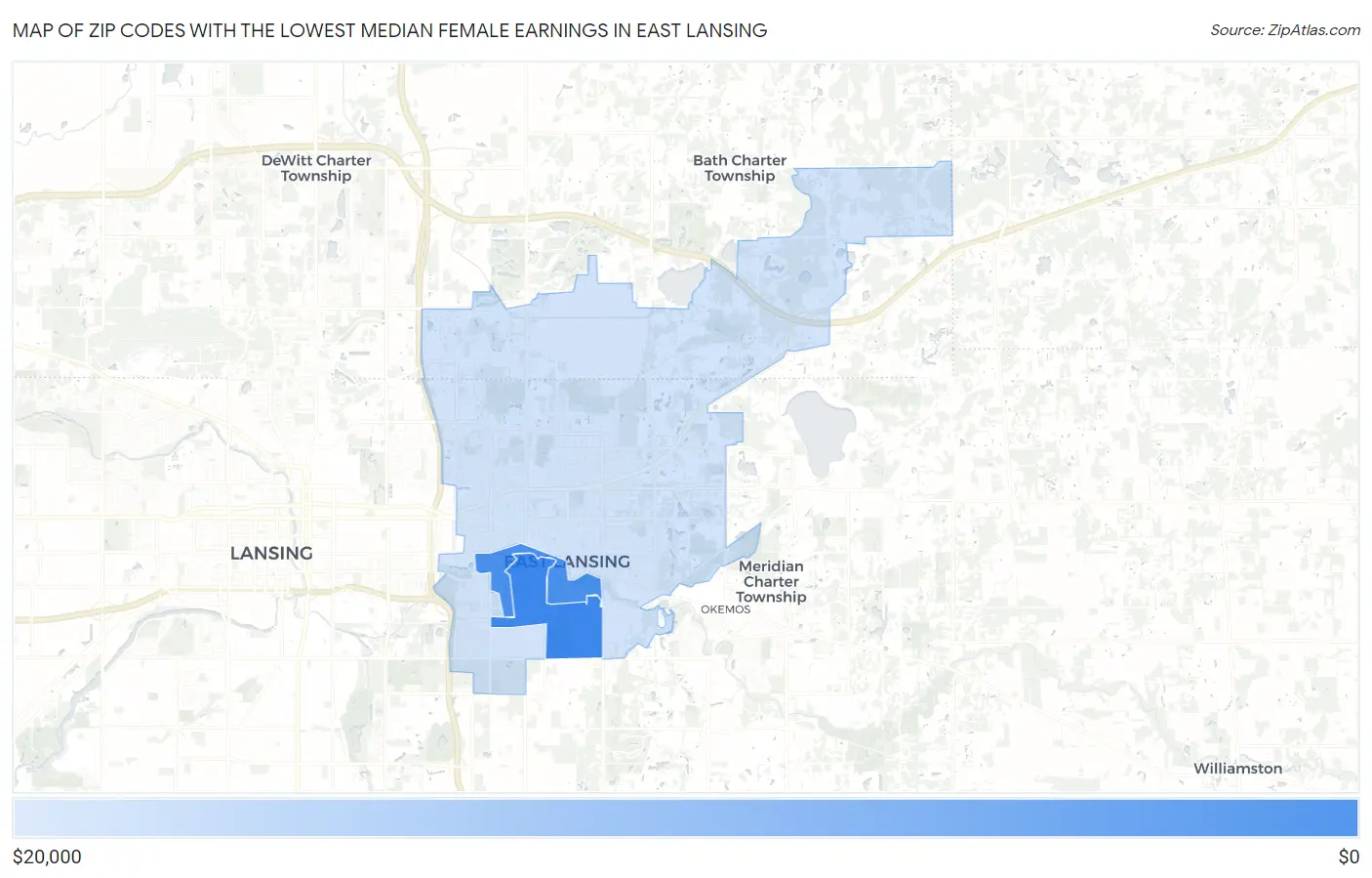 Zip Codes with the Lowest Median Female Earnings in East Lansing Map