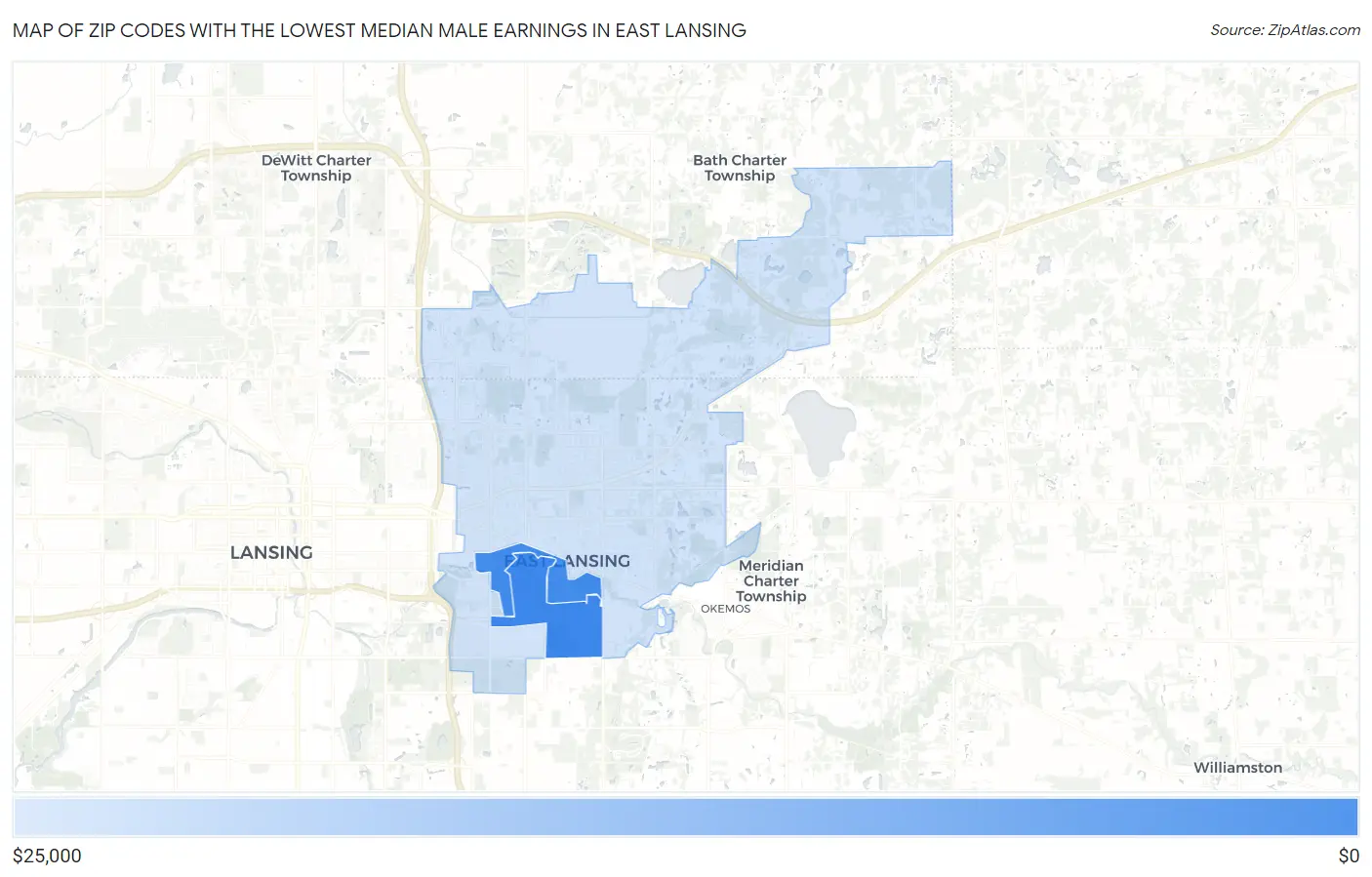 Zip Codes with the Lowest Median Male Earnings in East Lansing Map