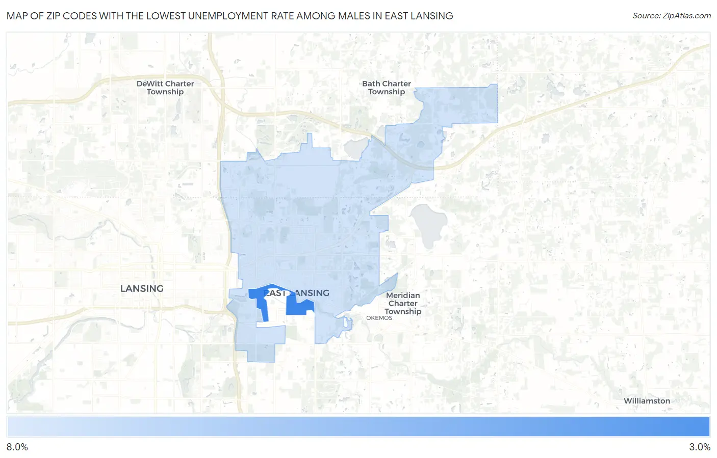 Zip Codes with the Lowest Unemployment Rate Among Males in East Lansing Map