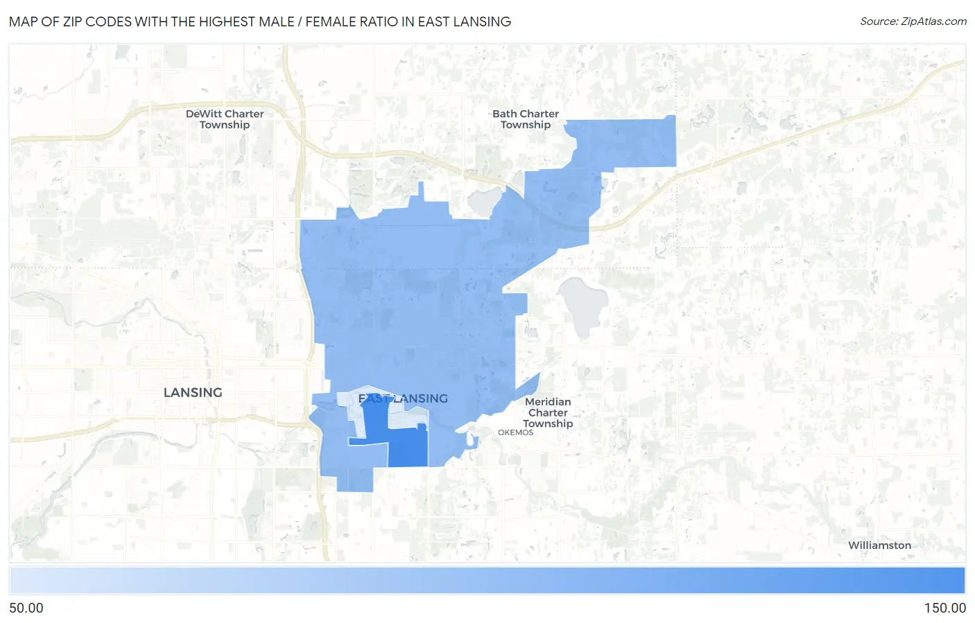 Zip Codes with the Highest Male / Female Ratio in East Lansing Map
